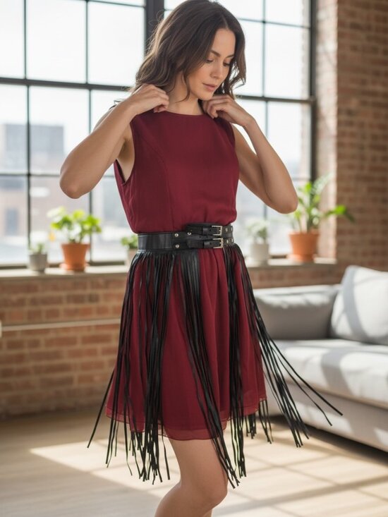 Black Leather Double Buckle Long  Fringe Belt NWT